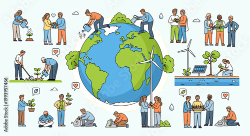 Diverse people engaging in various environmental conservation activities around a large globe, illustrating sustainability and community efforts.