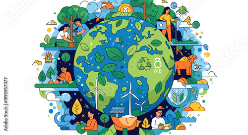 Vibrant illustration of Earth surrounded by diverse elements of nature, renewable energy, and human activities promoting sustainability and environmental care.