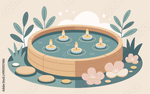 A serene outdoor hot tub surrounded by lush green plants and pink flowers emits a calming ambiance at dusk.