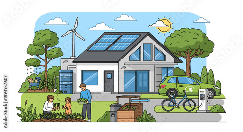 An illustration of a sustainable eco-friendly home with solar panels, a wind turbine, rainwater harvesting, an electric car, and a family gardening.
