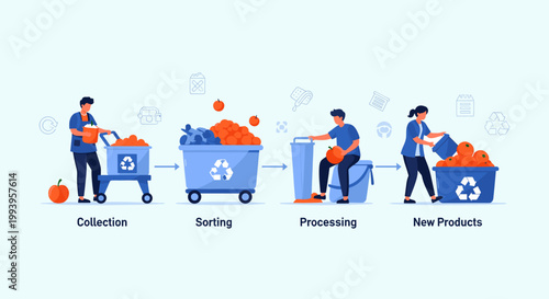 Illustration showing the four stages of the recycling process: collection, sorting, processing, and creation of new products, with people actively participating.