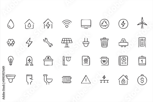 Energy and smart home icon set, eco utility, renewable power, green technology symbols for interface design