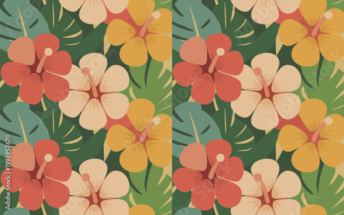 Vibrant floral pattern of hibiscus flowers and leaves on display