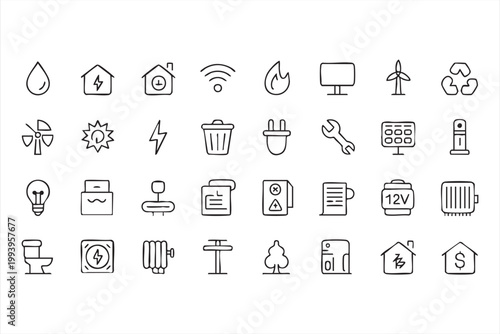 Smart home and renewable energy icons, eco utility, sustainability symbols for applications
