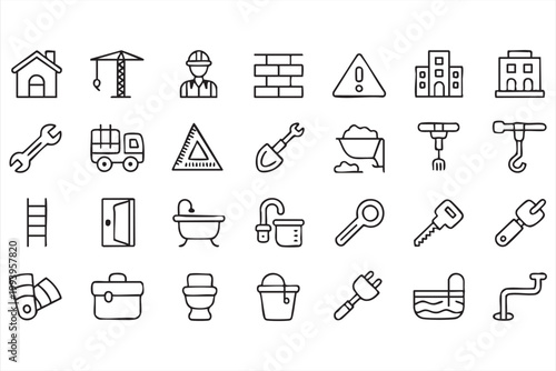 Construction tools and repair icons, building, contractor work, maintenance symbols for UI systems