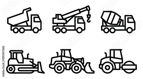 Construction Vehicles Line Icons Set