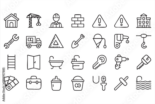 Home renovation and construction icons, tools, repair, maintenance symbols for applications