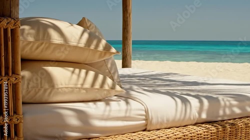 Refined woven daybed detail presenting a luxurious bed in beach resort scene with stacked satin pillows, rattan texture, palm-shadow patterns, bright shoreline, and crystal water in elegant sunlight