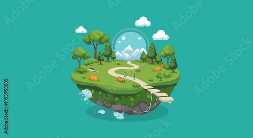 A whimsical floating island paradise with lush green trees, a winding path, a bridge, and a portal to a mountainous landscape.