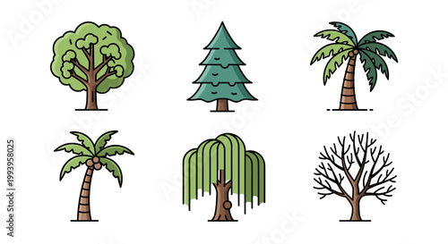A collection of six distinct tree illustrations, showcasing various types like deciduous, coniferous, palm, and weeping willow.