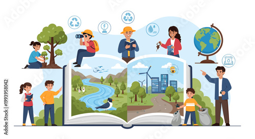 An open book illustrating environmental education, showcasing nature conservation, renewable energy, and sustainable practices with children and adults engaged in learning and eco-friendly activities.
