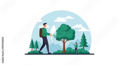 Man with backpack walking through a lush green forest with mountains in the background and a woman tending to a tree.