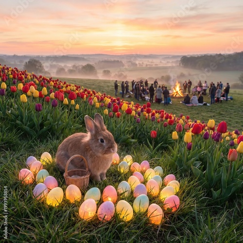 Easter Tulip Field with Bunnies and Colorful Eggs, Spring Holiday Scenic Photography