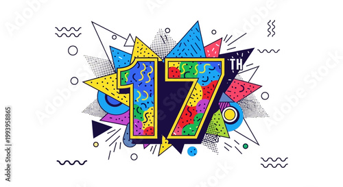 Dynamic 17th Anniversary Number with Abstract Geometric Memphis Style Elements on Isolated White Background