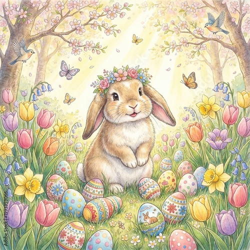 Watercolor Easter Bunny in Colorful Flower Field, Spring Holiday Magical Illustration