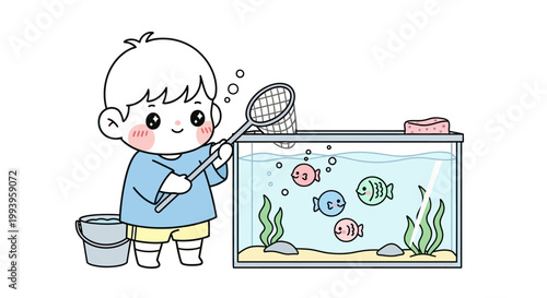 Boy holding fishing net beside aquarium.