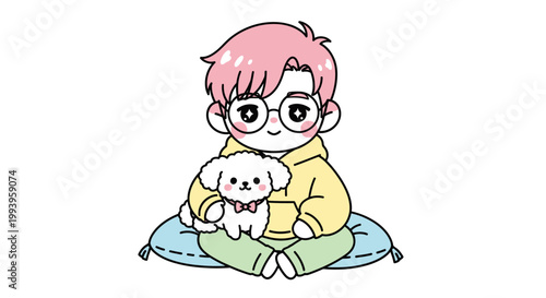 Boy Sitting With Cute White Dog.