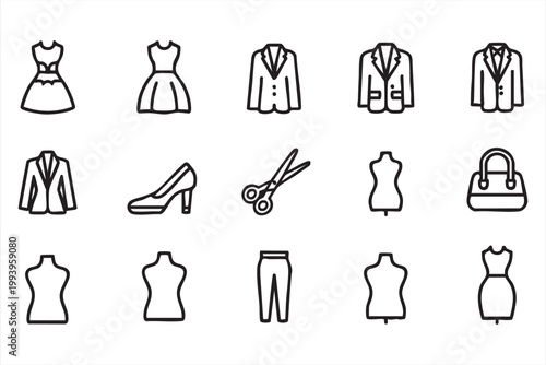 Fashion clothing and tailor icons, dress, suit, apparel symbols for web and app UI design
