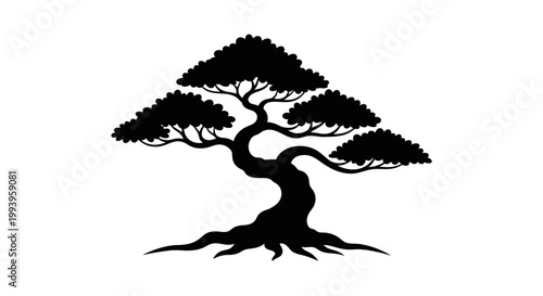 Bonsai Tree Silhouette Black Illustration.