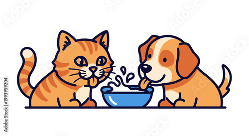 cat and dog sharing a bowl.