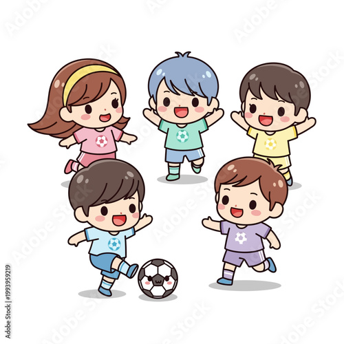 Children playing soccer together happily.