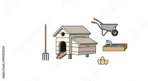 Chicken Coop with Farm Tools Outside.