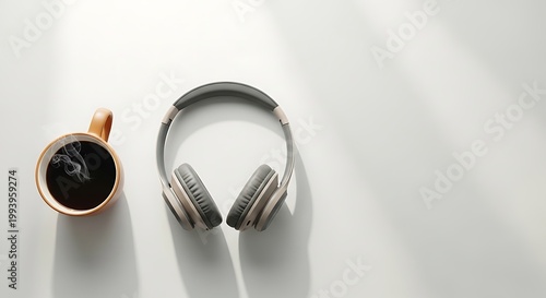Coffee and headphones placed on one side with large copy space, clean background, minimal composition, ideal for advertising and branding concept.