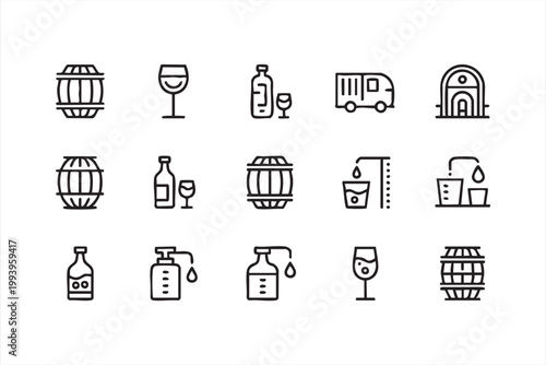 Wine barrel and bottle icons, glass, winery production symbols for web and app UI design