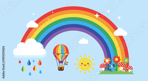 A vibrant cartoon illustration of a rainbow arching over a whimsical landscape with a hot air balloon, sun, clouds, and flowers.