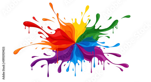 A vibrant explosion of rainbow-colored paint splatters creating a dynamic and energetic circular design on a white background.