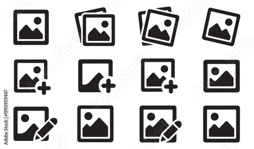 Black image icon set, picture icons, photo frame sign, art gallery, digital photography emblem.