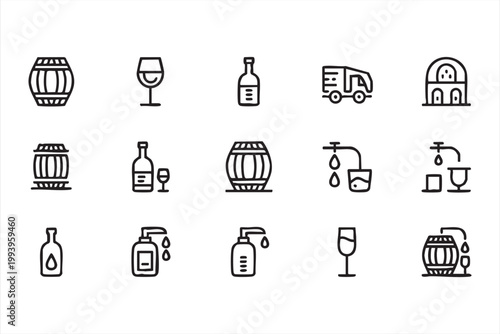 Winery and wine production icon set, barrel, bottle, glass symbols for interface systems