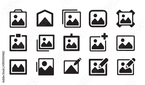 Black picture icon set, image icons, photo frame sign, art gallery, digital photography emblem.
