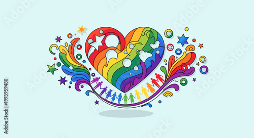 Vibrant rainbow heart symbolizing love, diversity, and unity with diverse people and global elements.