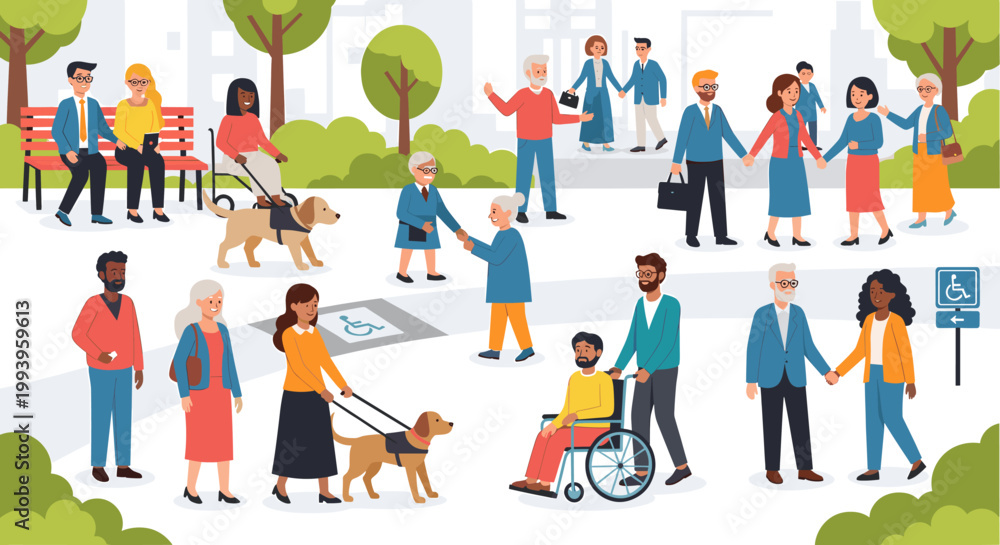 Fototapeta premium Diverse community of people with and without disabilities, including elderly individuals and guide dog users, interacting happily in an accessible park setting.