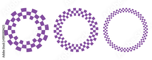 Three purple and white checkered circular frames on white background circle