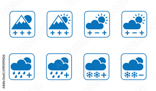 Blue weather forecast icons showing mountain sun clouds rain and snow conditions with signs.