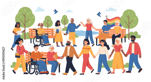 A diverse group of people of all ages, ethnicities, and abilities gather in a park, holding hands and interacting, symbolizing unity and inclusion.
