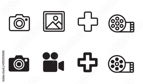 Outline and solid black camera image and film icons for photography and video projects.