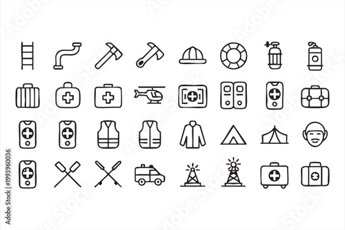 Emergency Rescue Line Icons, Medical Response, Ambulance, First Aid Equipment Set