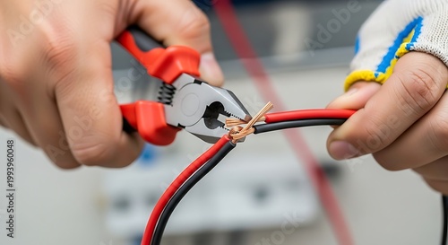 Person Cutting Red and Black Electrical Wires with Pliers