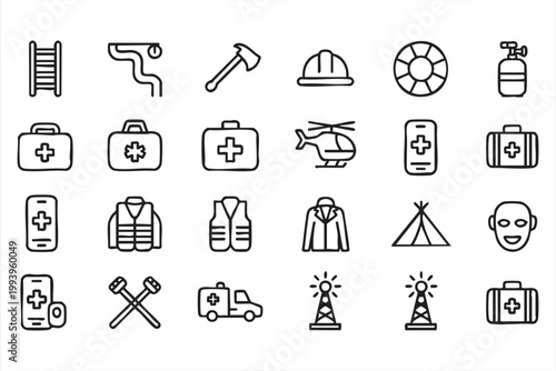 Medical Emergency Icons, Healthcare Response, Rescue Vehicles and Safety Gear