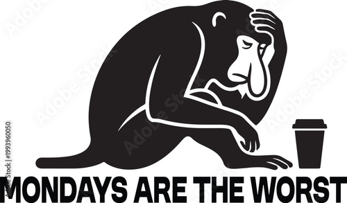 Monkey exhausted with coffee cup slumped over