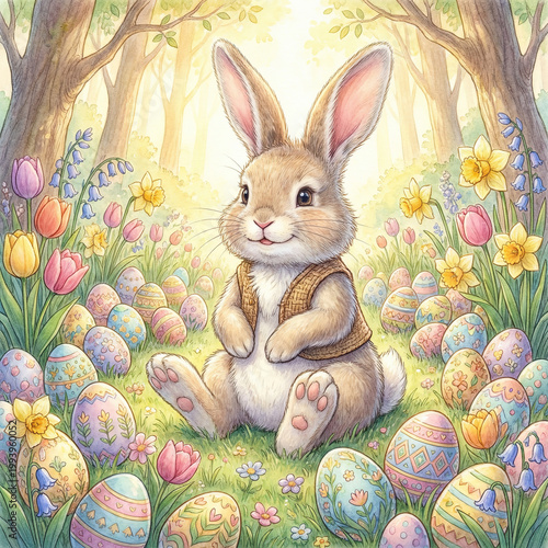 Watercolor Easter Bunny in Colorful Flower Field, Spring Holiday Magical Illustration