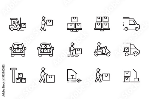Logistics Delivery Icons, Warehouse Shipping, Courier Service and Parcel Handling Set