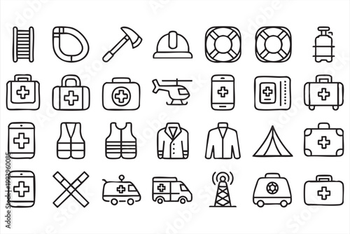 Emergency Services Icons Set, Medical Equipment, Safety and Rescue Tools