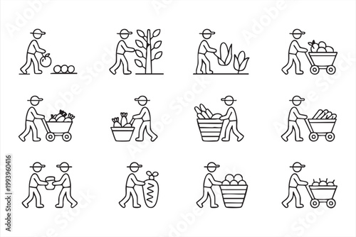 Farmer Work Icons, Harvesting Crops, Fruits, Vegetables and Farm Labor