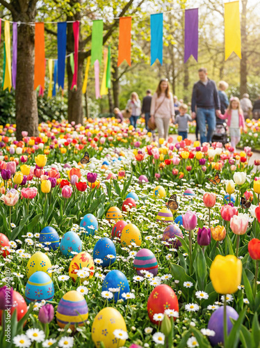 Colorful Tulip Festival Easter Family Scene, Spring Holiday Outdoor Garden Photography