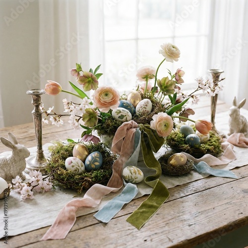 Minimalist Easter Table with White Flowers and Eggs, Elegant Spring Holiday Decoration Photography