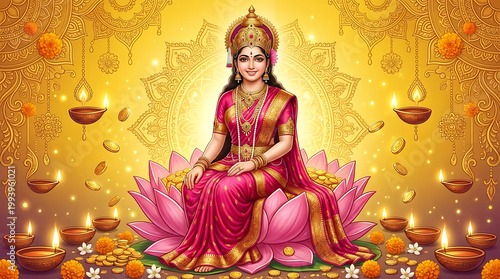 Beautiful goddess lakshmi in pink saree sitting on lotus with many lamps for sita navami and devi sita and devi lakshmi and hindu festival puja